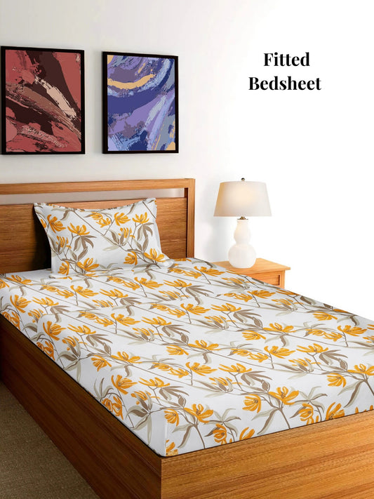 Arrabi Multi Leaf TC Cotton Blend Single Size Fitted Bedsheet with 1 Pillow Cover (215 x 150 cm)