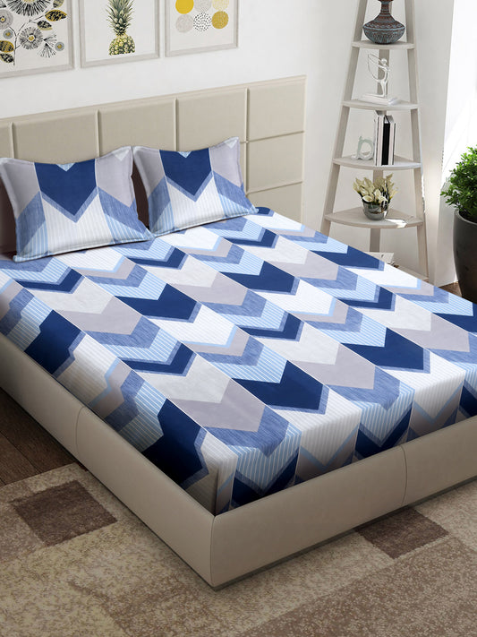 Arrabi Blue Geometric TC Cotton Blend King Size Bedsheet with 2 Pillow Covers (250 x 215 cm)