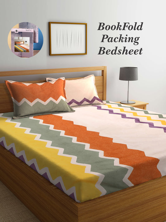 Arrabi Brown Geometric TC Cotton Blend King Size Bookfold Bedsheet with 2 Pillow Covers (250 X 215 cm)
