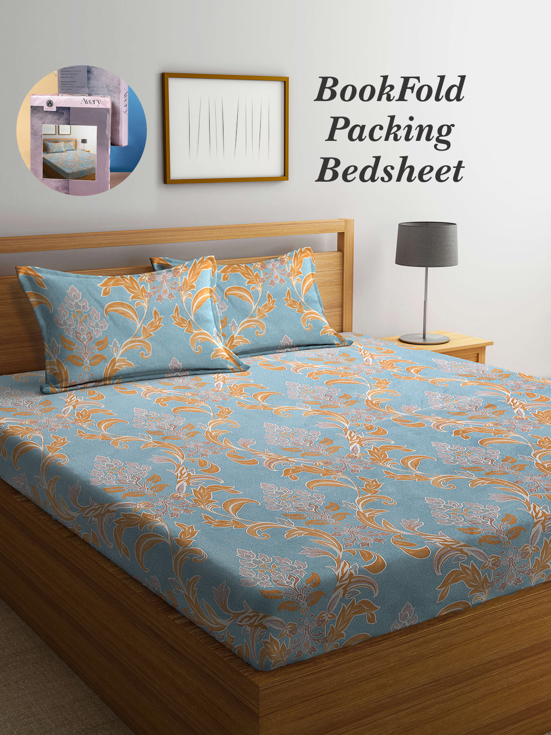 Arrabi Blue Indian TC Cotton Blend Super King Size Bookfold Bedsheet with 2 Pillow Covers (270 X 260 cm)
