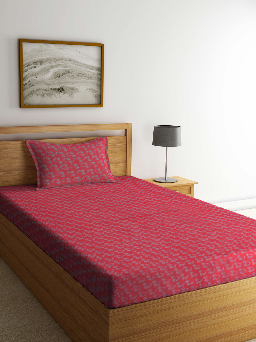 Arrabi Red Leaf Handwoven Cotton Single Size Bedsheet with 1 Pillow Cover (215 x 150 cm)