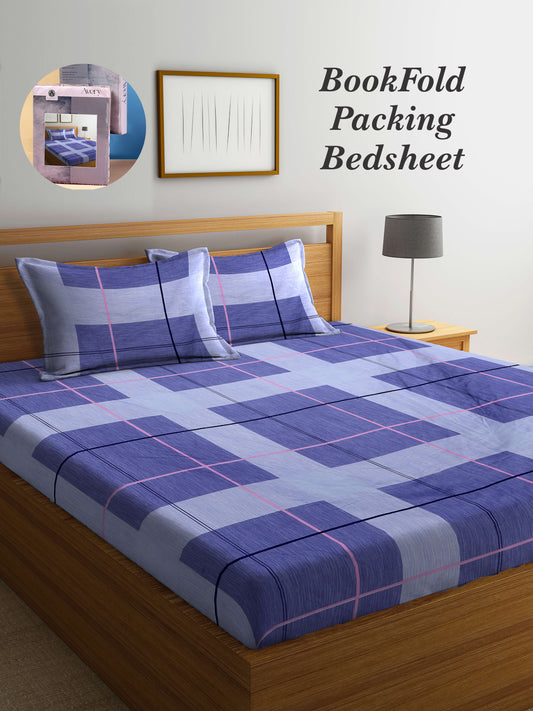 Arrabi Blue Geometric TC Cotton Blend King Size Bookfold Bedsheet with 2 Pillow Covers (250 X 215 cm)
