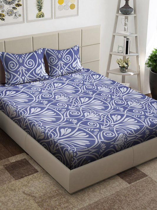 Arrabi Purple Floral TC Cotton Blend King Size Bedsheet with 2 Pillow Covers (250 x 215 cm)
