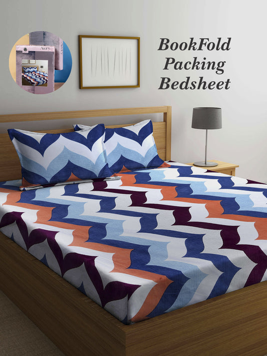 Arrabi Multi Graphic TC Cotton Blend Super King Size Bookfold Bedsheet with 2 Pillow Covers (270 X 260 cm)