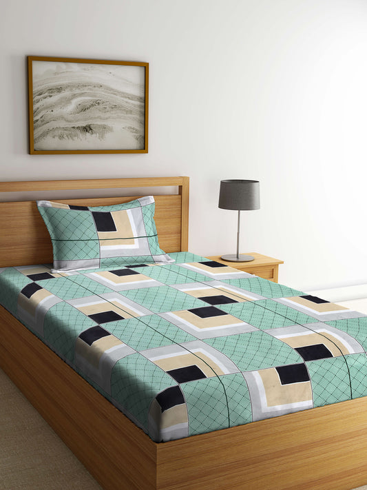 Arrabi Green Geometric TC Cotton Blend Single Size Bedsheet with 1 Pillow Cover (215 x 150 cm)