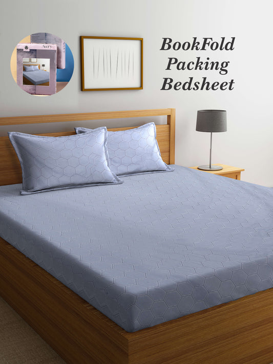 Arrabi Grey Geometric TC Cotton Blend King Size Bookfold Bedsheet with 2 Pillow Covers (250 X 215 cm)