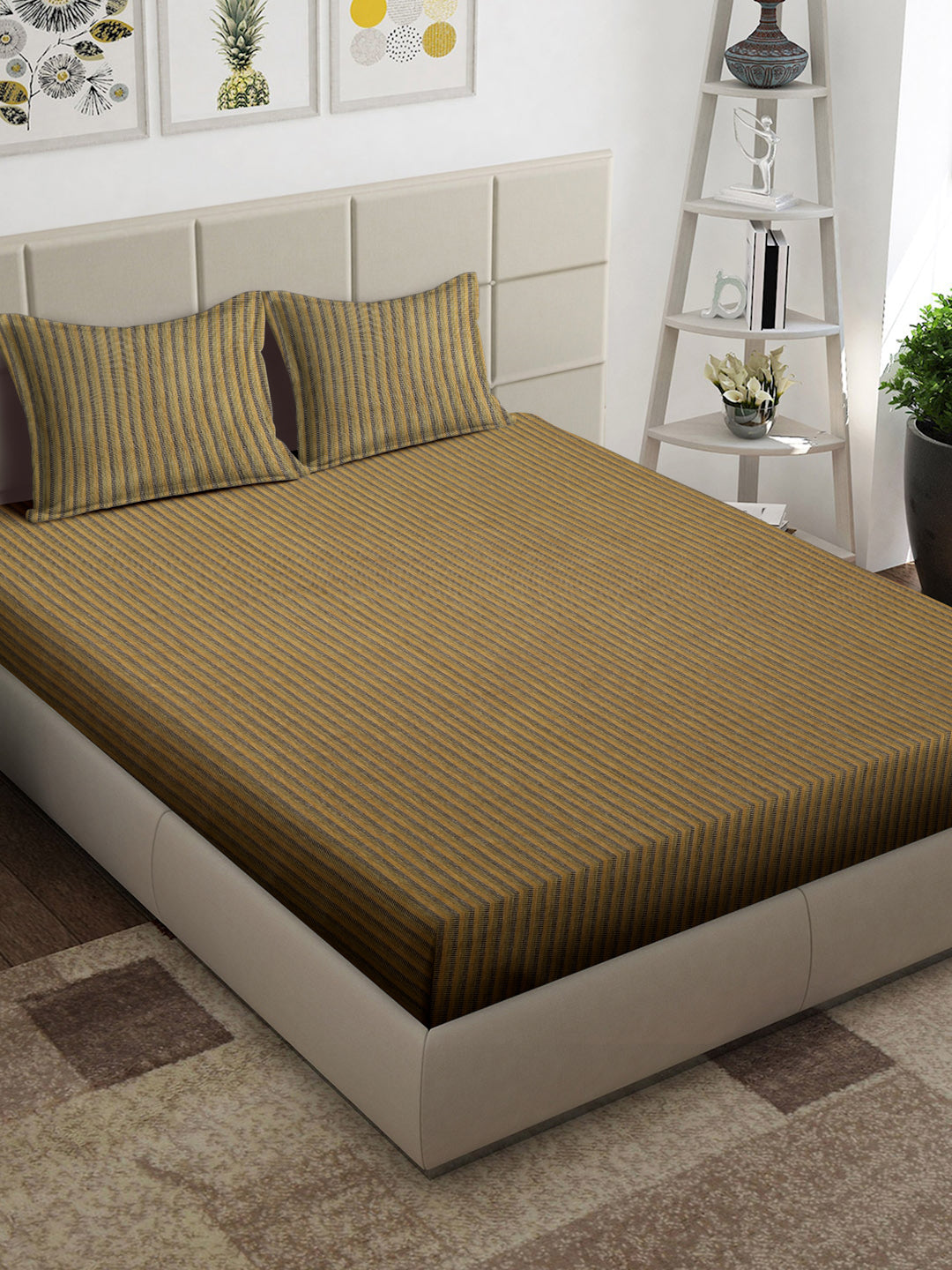 Arrabi Multi Stripes 100% Handwoven Cotton King Size Bedsheet with 2 Pillow Covers (260 x 230 cm)