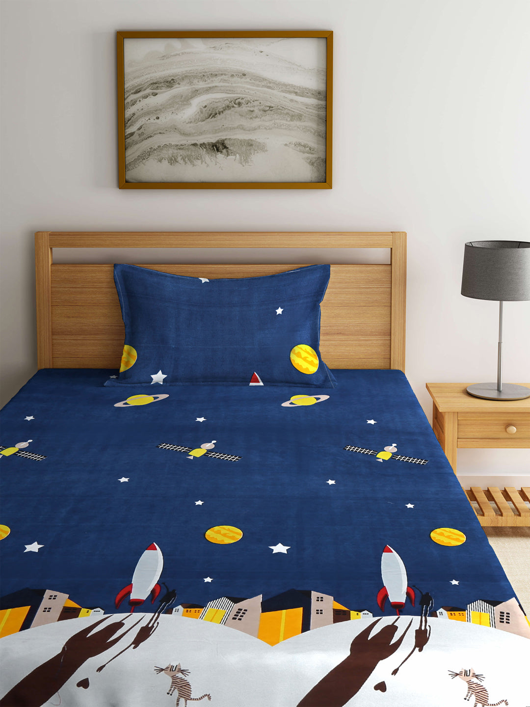 Arrabi Blue Graphic TC Cotton Blend Single Size Fitted Bedsheet with 1 Pillow Cover (220 X 150 cm)