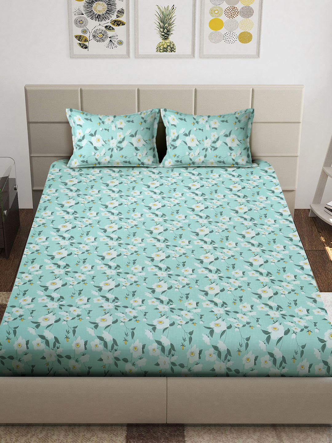 Arrabi Green Floral TC Cotton Blend King Size Bedsheet with 2 Pillow Covers (250 x 215 cm)