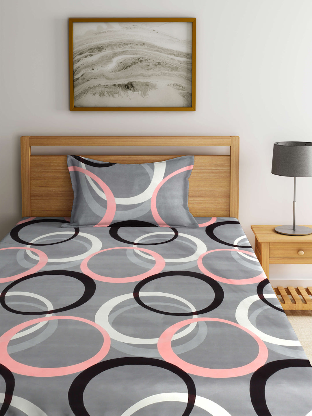 Arrabi Grey Graphic TC Cotton Blend Single Size Bedsheet with 1 Pillow Cover (215 x 150 cm)
