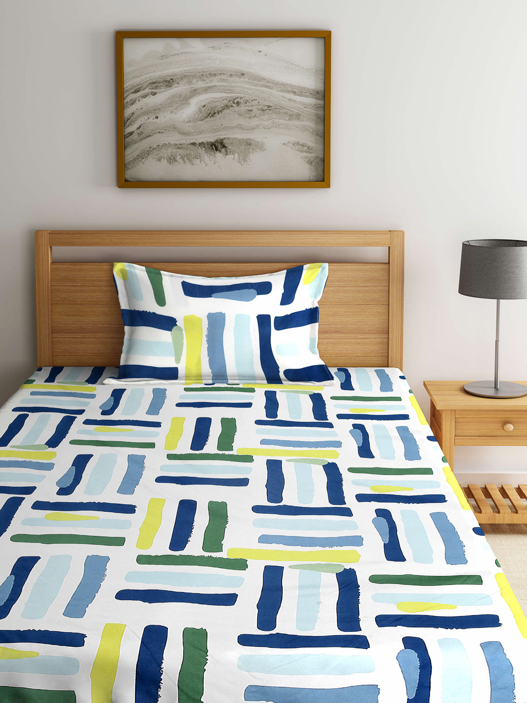 Arrabi Multi Geometric TC Cotton Blend Single Size Bedsheet with 1 Pillow Cover (215 x 150 cm)