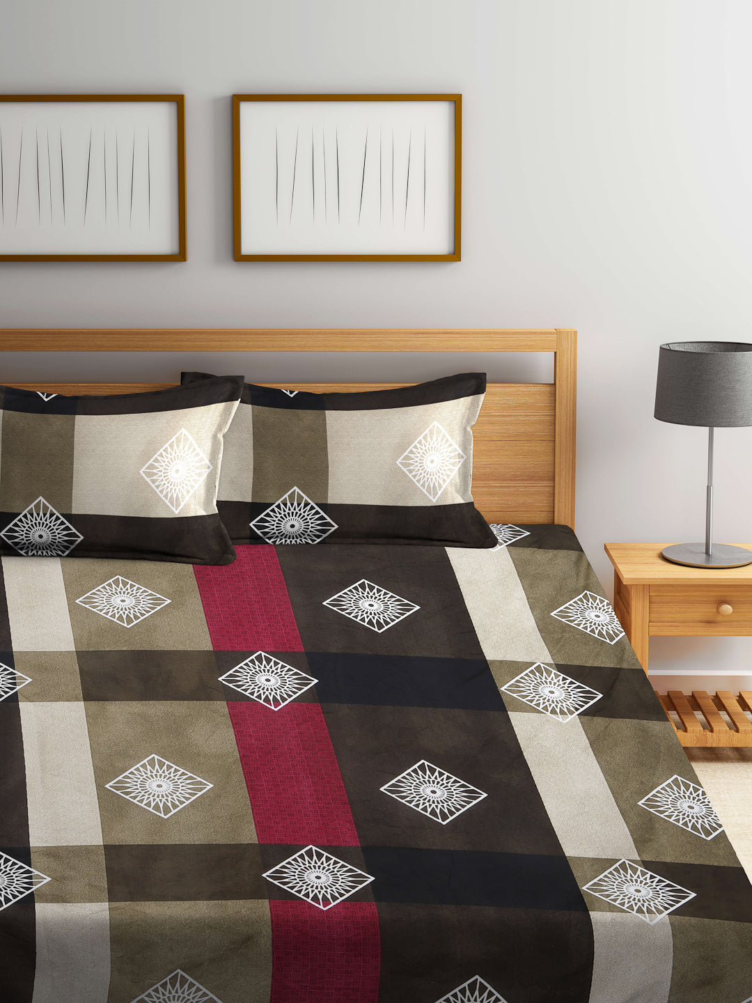 Arrabi Green Geometric TC Cotton Blend King Size Bookfold Bedsheet with 2 Pillow Covers (250 X 215 cm)
