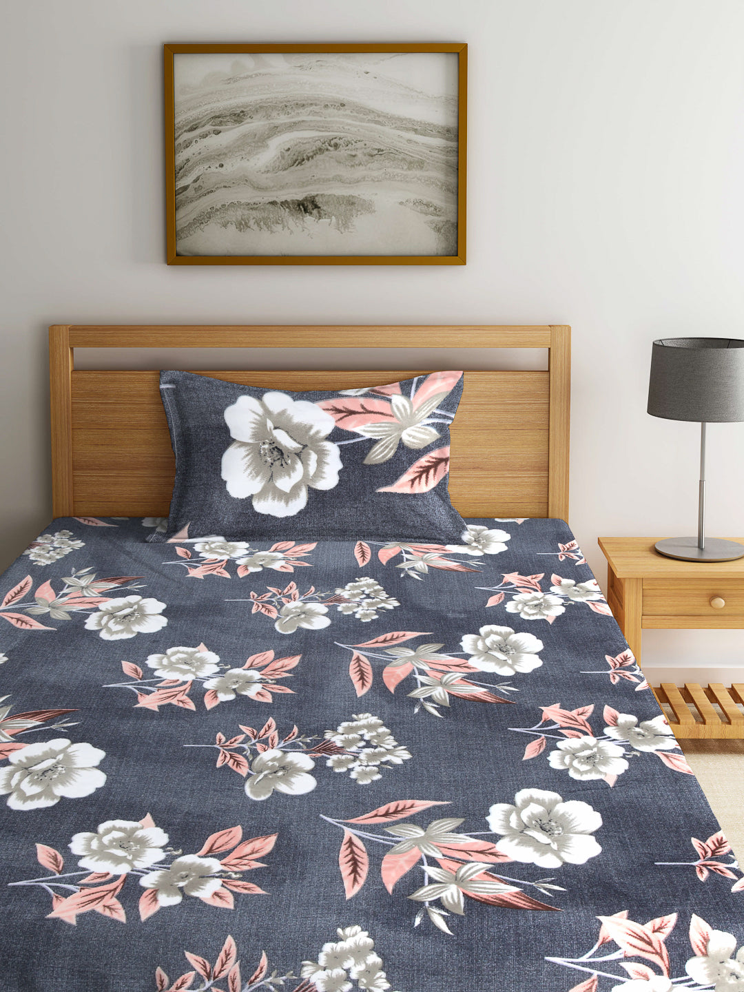 Arrabi Grey Floral TC Cotton Blend Single Size Bedsheet with 1 Pillow Cover (215 x 150 cm)
