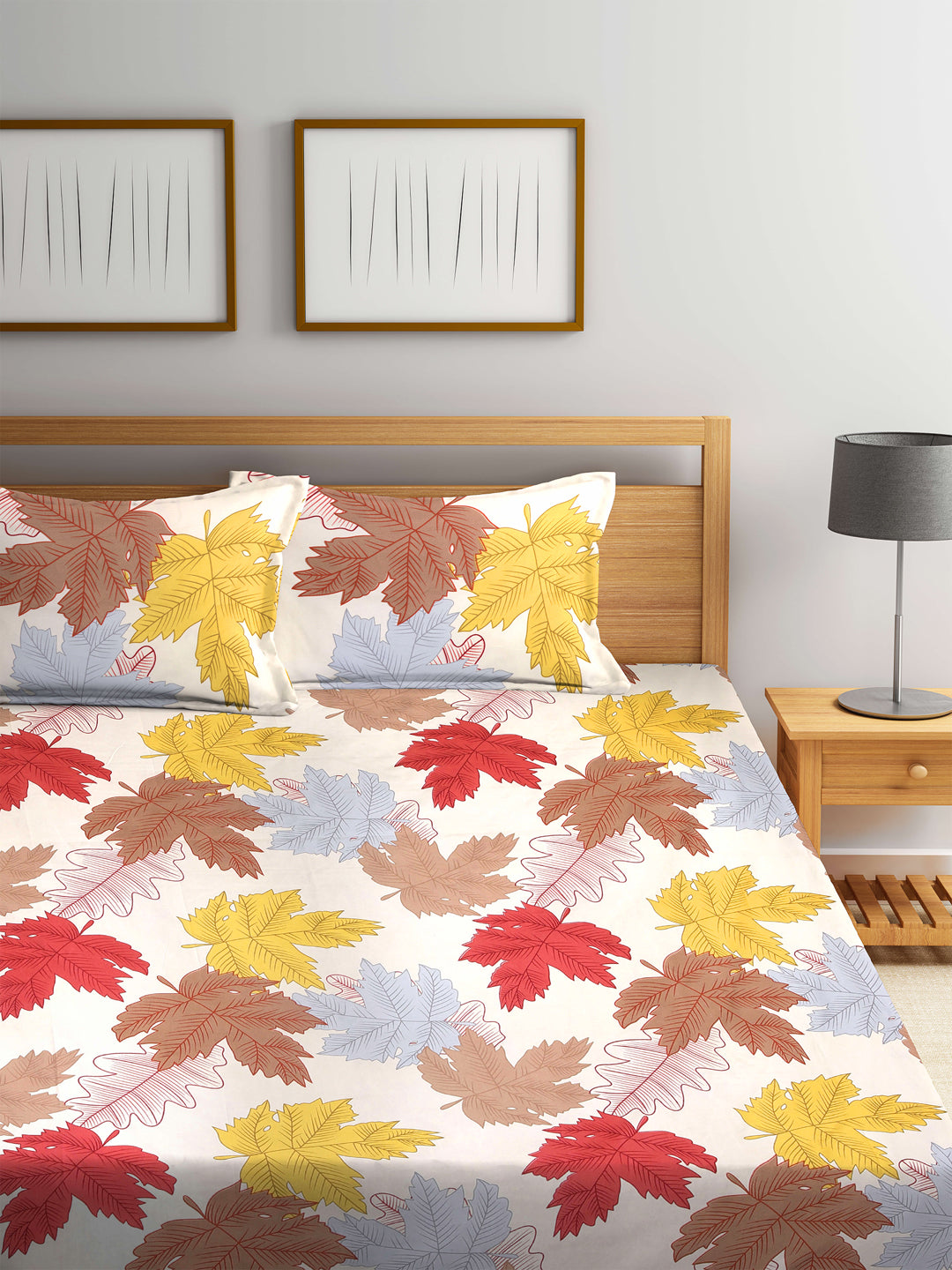 Arrabi Multi Leaf TC Cotton Blend King Size Bedsheet with 2 Pillow Covers (250 x 215 cm)