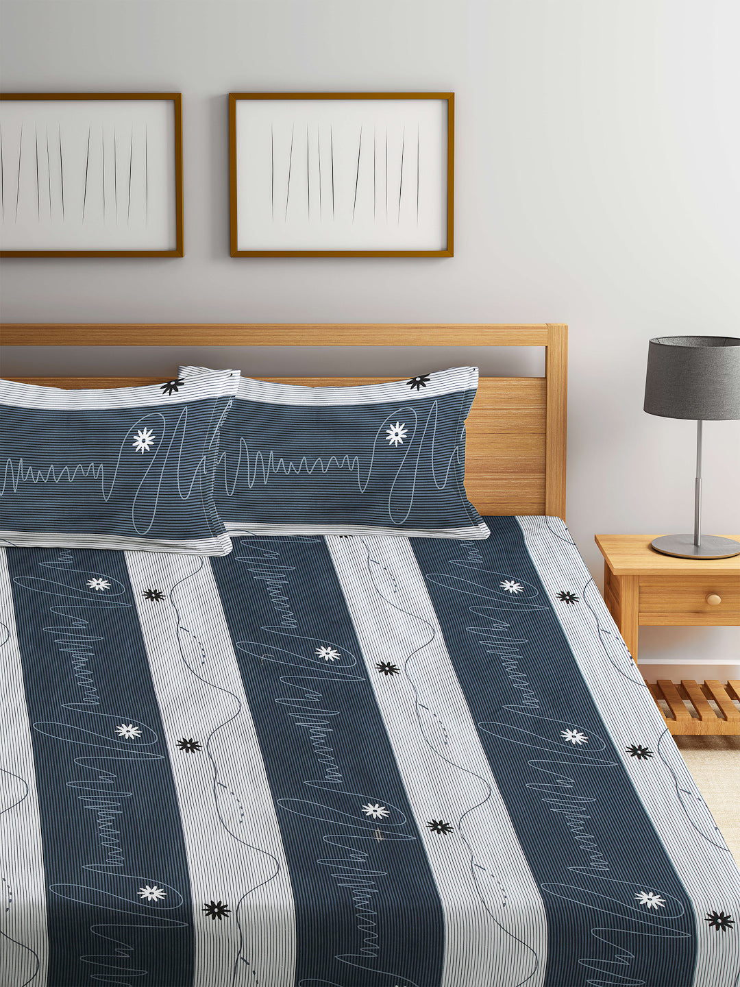 Arrabi Grey Stripes TC Cotton Blend King Size Bedsheet with 2 Pillow Cover (250 x 225 cm)