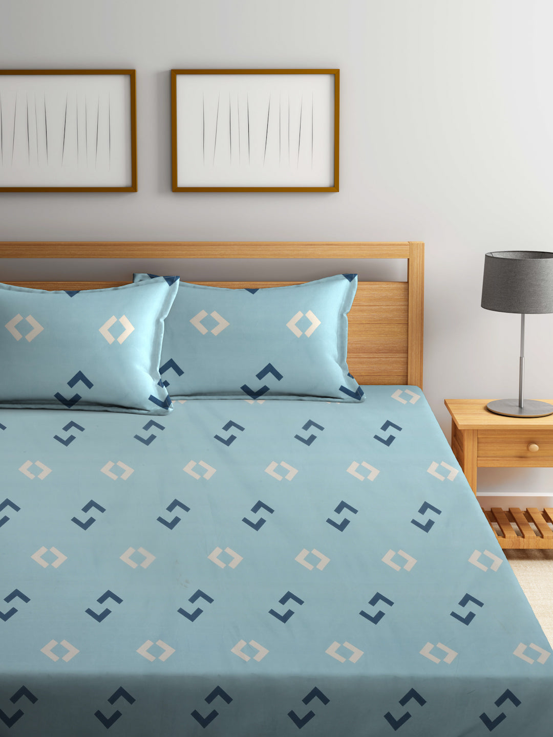 Arrabi Blue Graphic TC Cotton Blend King Size Bedsheet with 2 Pillow Covers (250 X 215 cm)