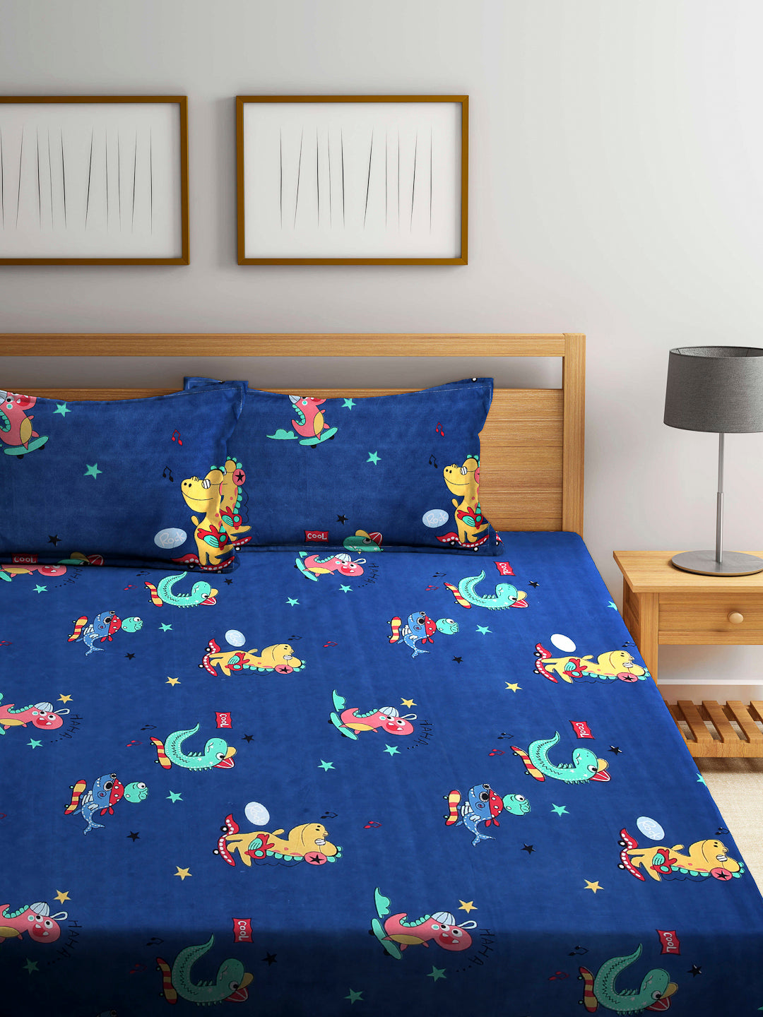 Arrabi Blue Cartoon TC Cotton Blend King Size Bookfold Bedsheet with 2 Pillow Covers (250 X 220 cm)