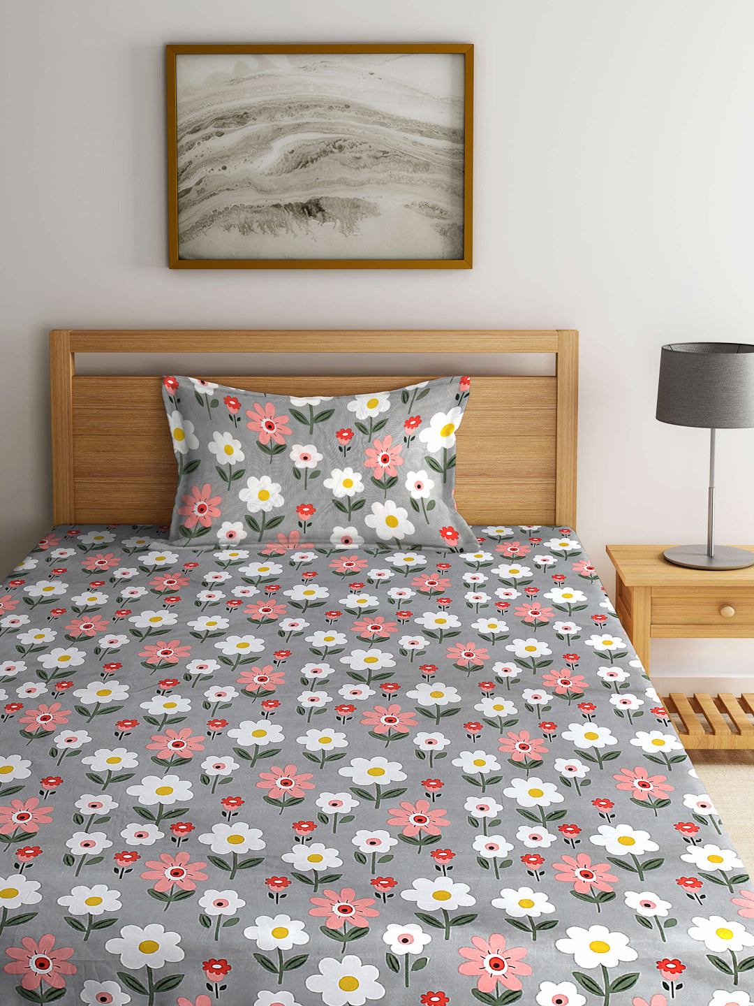 Arrabi Grey Floral TC Cotton Blend Single Size Fitted Bedsheet with 1 Pillow Cover (215 X 150 cm)