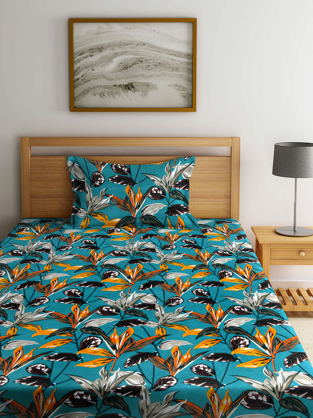 Arrabi Green Leaf TC Cotton Blend Single Size Fitted Bedsheet with 1 Pillow Cover (220 X 150 cm)