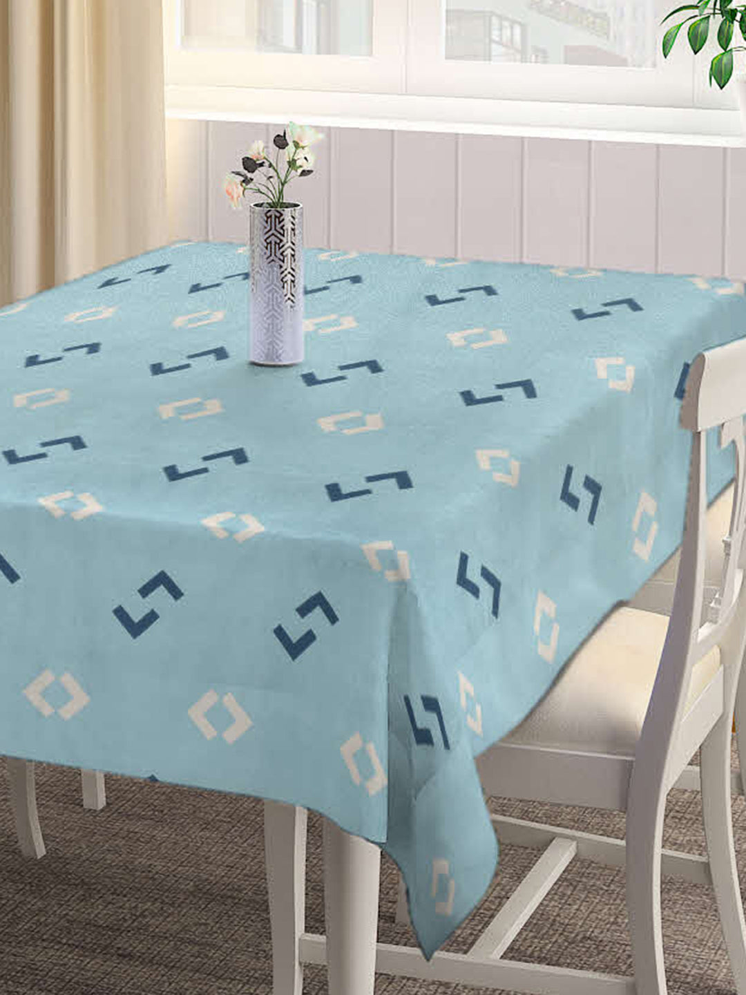 Arrabi Blue Goemetric Cotton Blend 8 SEATER Table Cover (215 x 150 cm)