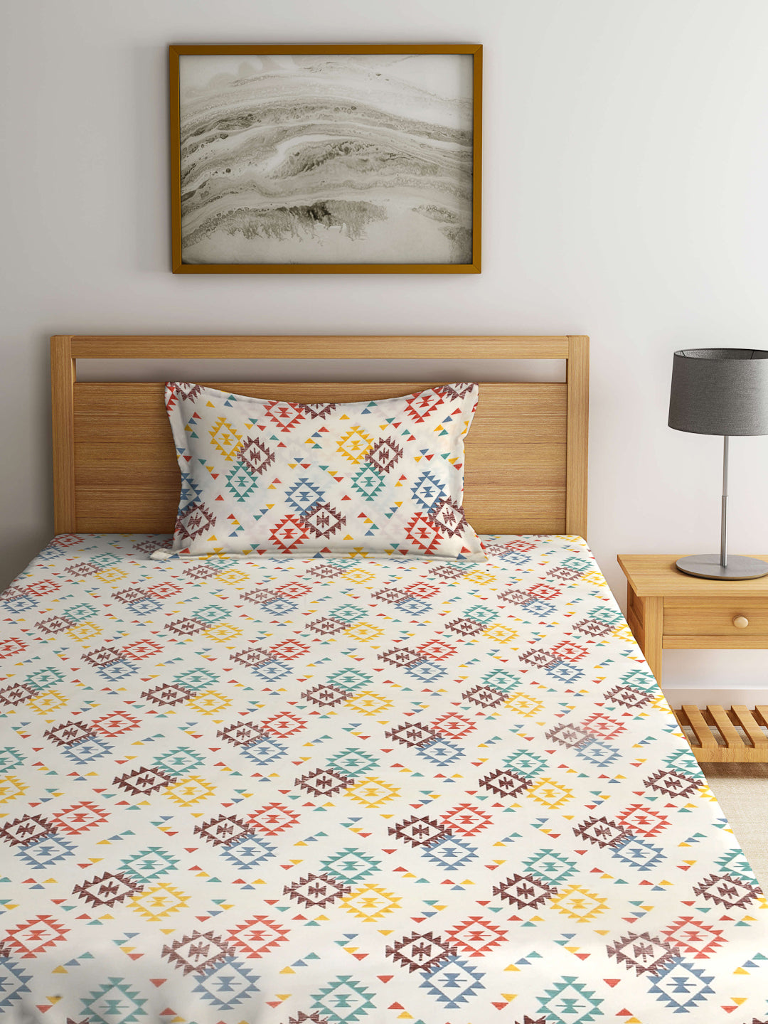 Arrabi Cream Geometric TC Cotton Blend Single Size Fitted Bedsheet with 1 Pillow Cover (215 x 150 cm)