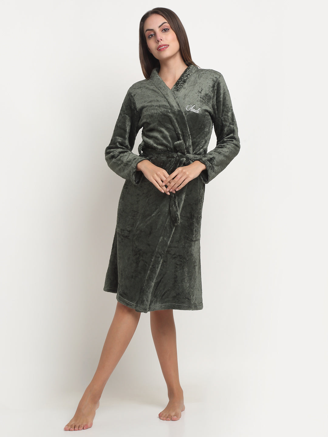 Arrabi Women Green Warm Woolen Solid Bath Robe With Pockets