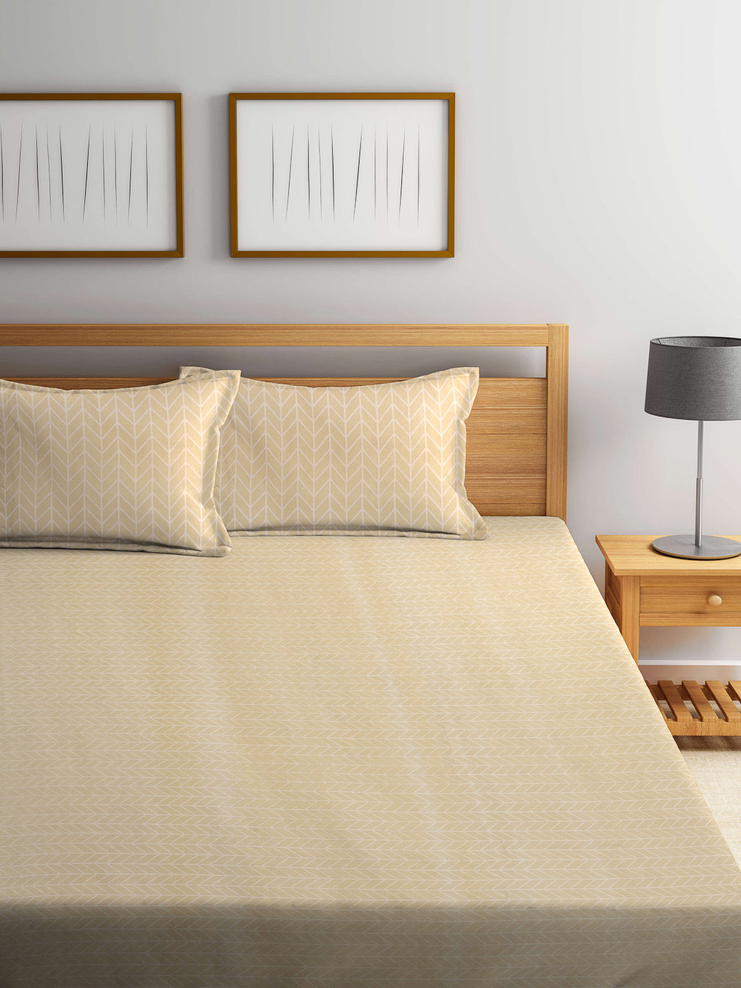 Arrabi Beige Graphic TC Cotton Blend King Size Bookfold Bedsheet with 2 Pillow Covers (250 X 215 cm)