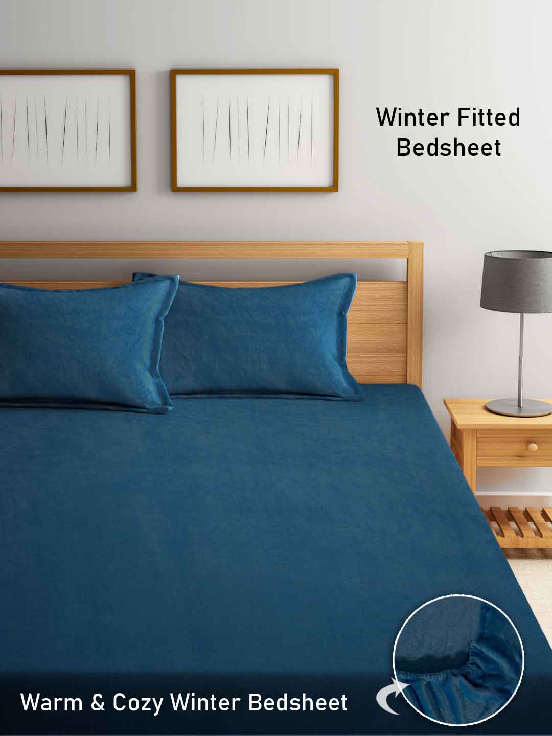 Arrabi Blue Solid King Size Warm Woolen Fitted Bedsheet with 2 Pillow Covers