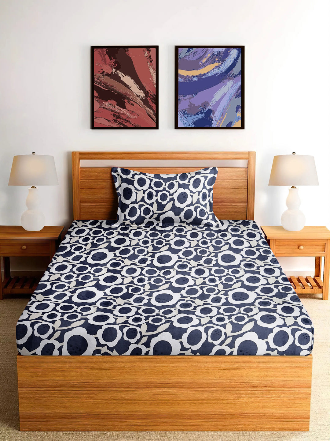 Arrabi Grey Floral TC Cotton Blend Single Size Fitted Bedsheet with 1 Pillow Cover (215 x 150 cm)