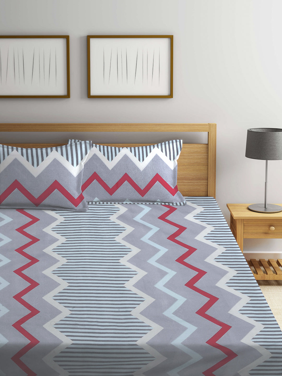 Arrabi Grey Geometric TC Cotton Blend King Size Bedsheet with 2 Pillow Covers (250 X 215 cm)
