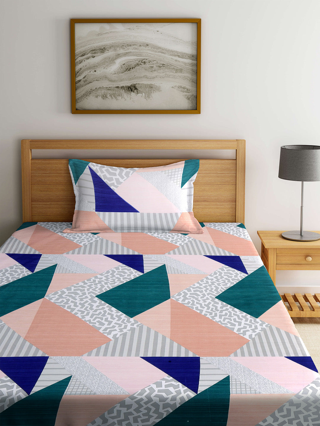 Arrabi Multi Geometric TC Cotton Blend Single Size Fitted Bedsheet with 1 Pillow Cover (220 X 150 cm)