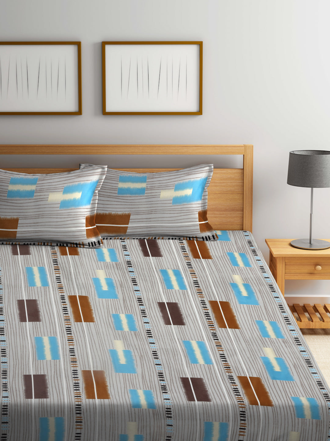 Arrabi Multi Geometric TC Cotton Blend King Size Bedsheet with 2 Pillow Covers (250 X 215 cm)