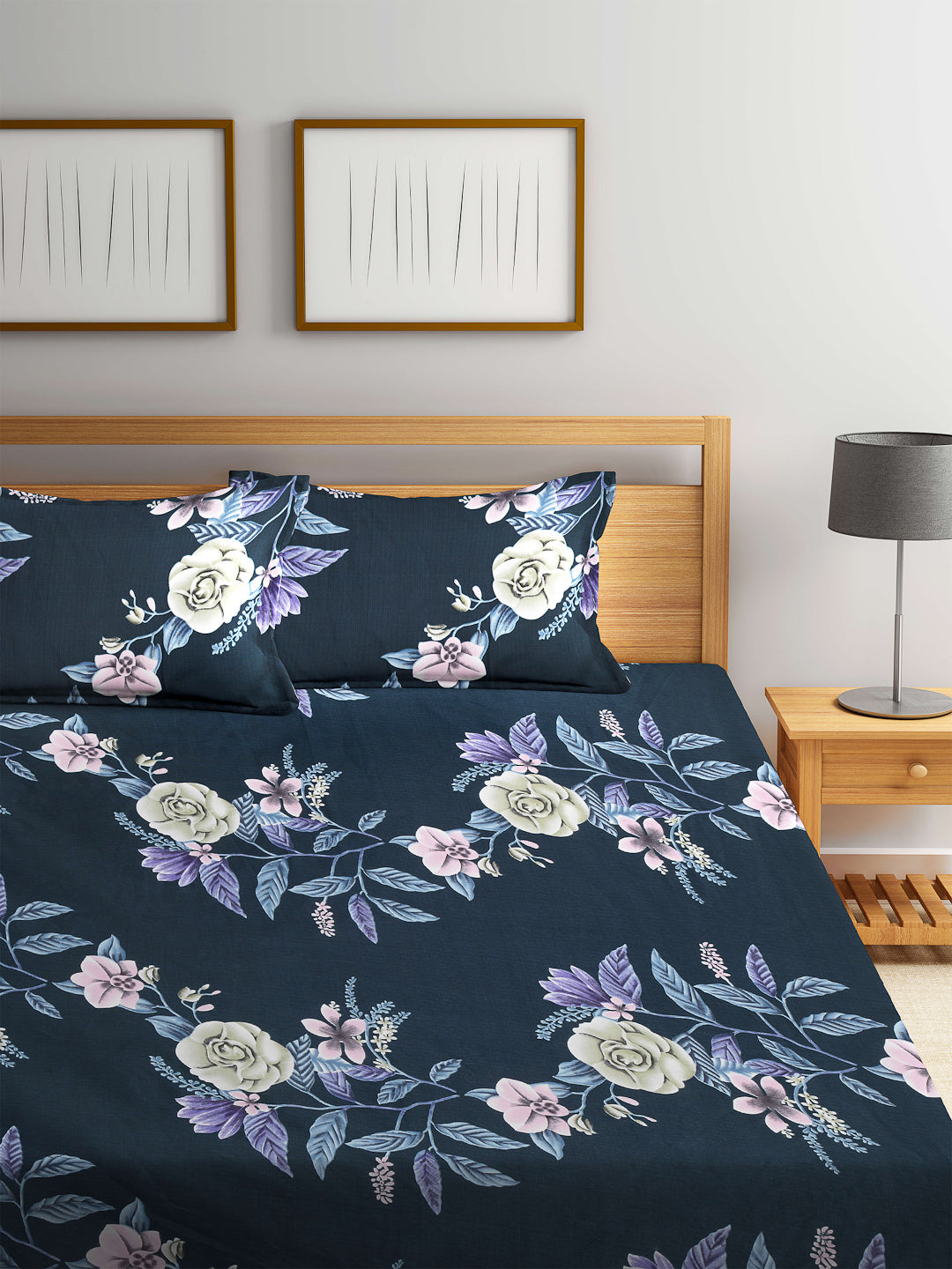 Arrabi Blue Floral TC Cotton Blend King Size Bookfold Bedsheet with 2 Pillow Covers (250 X 220 cm)