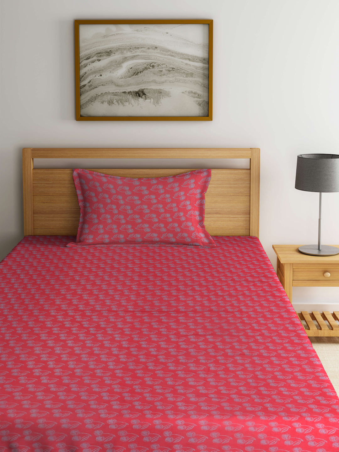 Arrabi Red Leaf Handwoven Cotton Single Size Bedsheet with 1 Pillow Cover (215 x 150 cm)