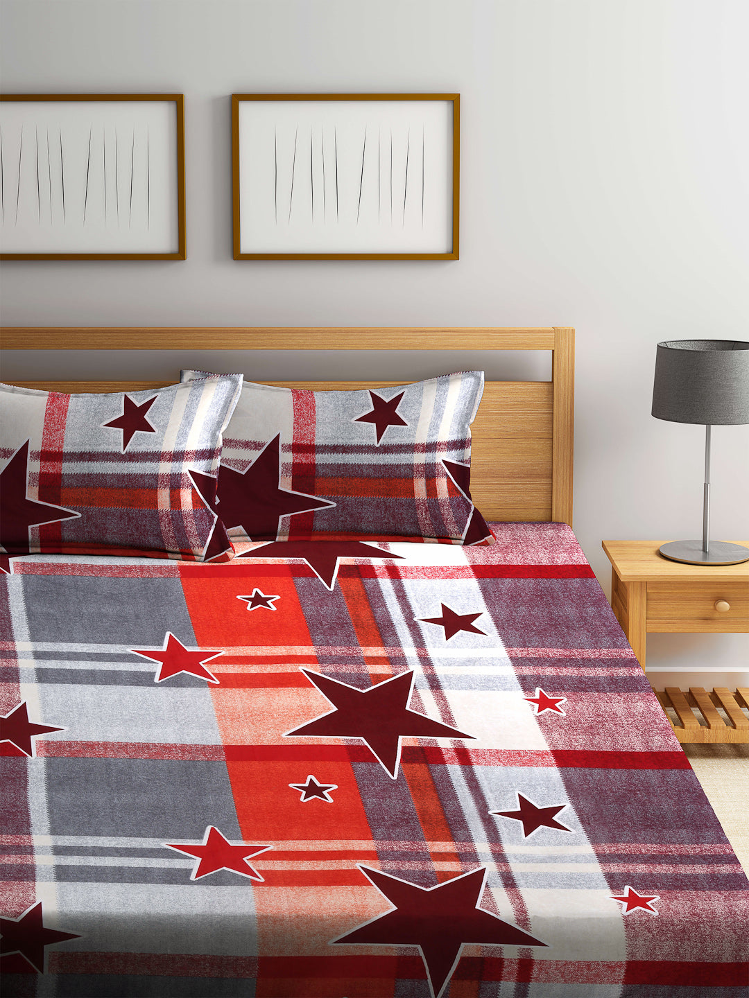 Arrabi Multi Graphic TC Cotton Blend King Size Bookfold Bedsheet with 2 Pillow Covers (250 X 220 cm)
