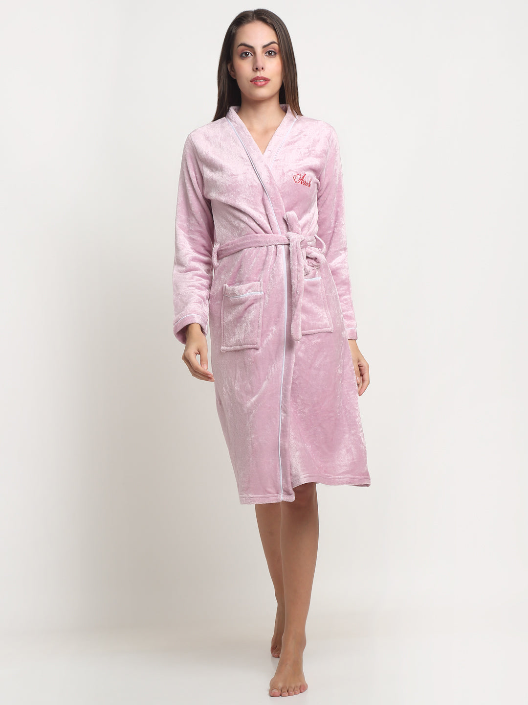 Arrabi Women Pink Warm Woolen Striped Bath Robe With Pockets