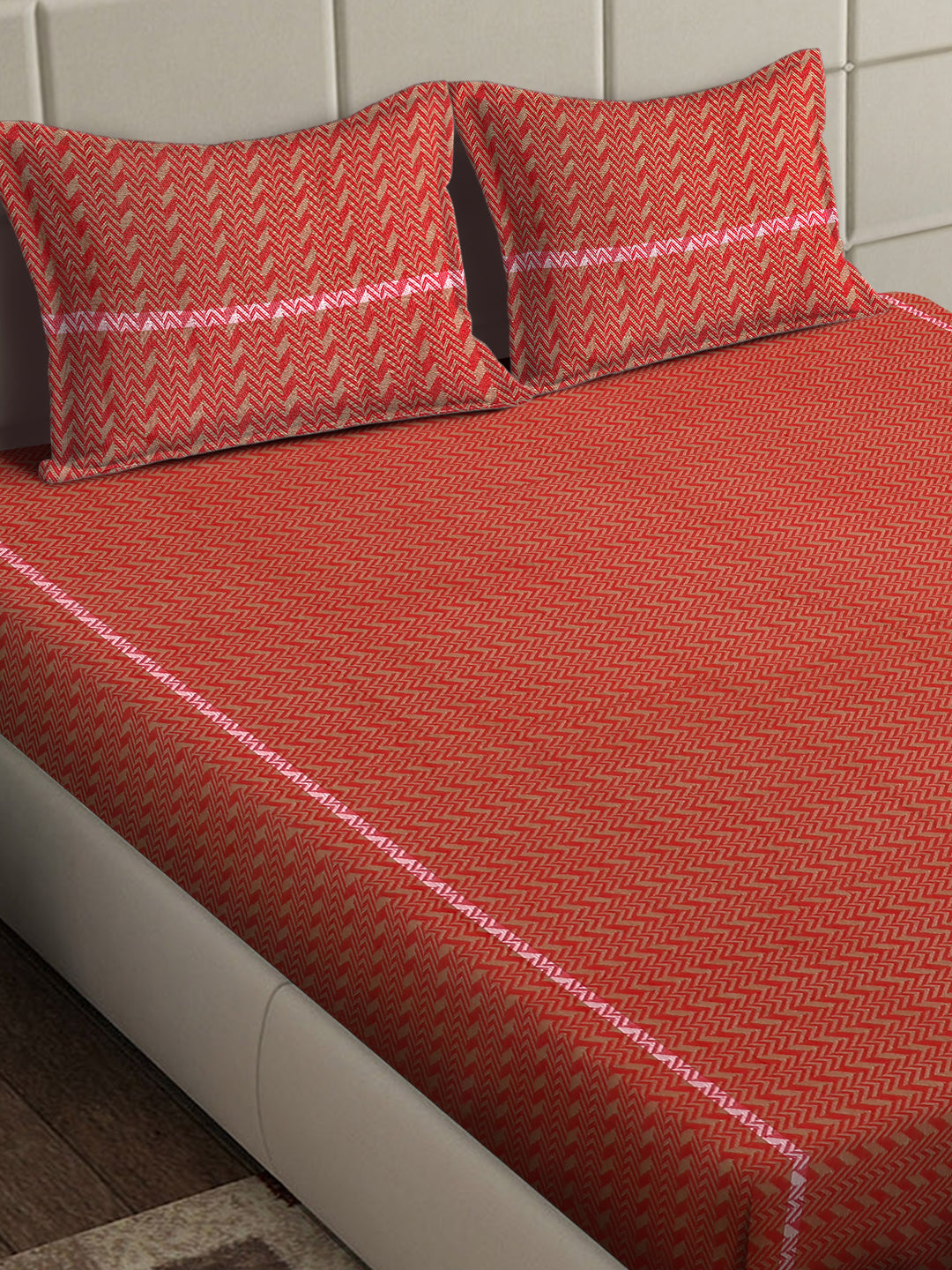 Arrabi Red Geometric 100% Handwoven Cotton King Size Bedsheet with 2 Pillow Covers (260 x 230 cm)