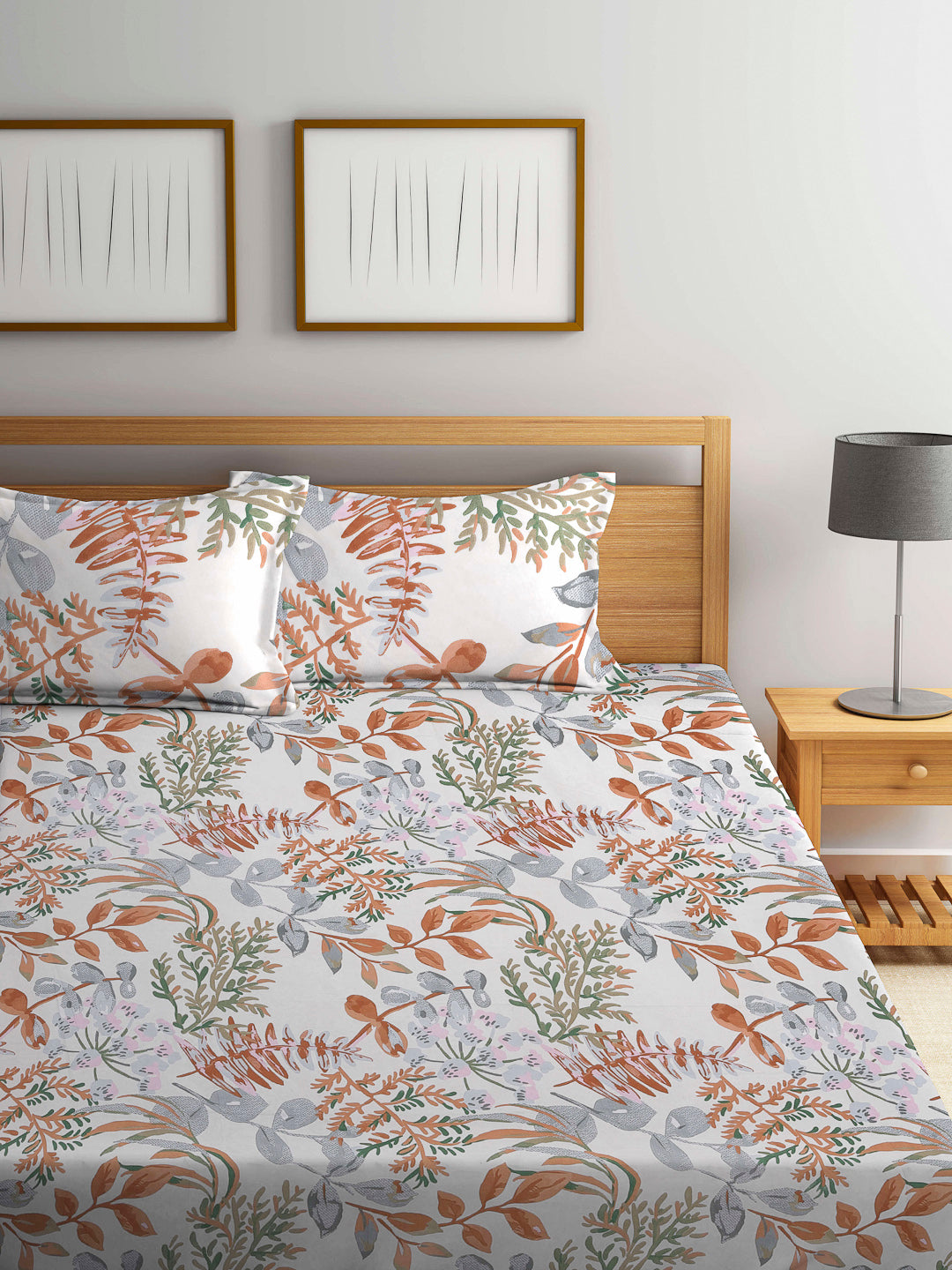 Arrabi Multi Leaf TC Cotton Blend King Size Bookfold Bedsheet with 2 Pillow Covers (250 X 220 cm)