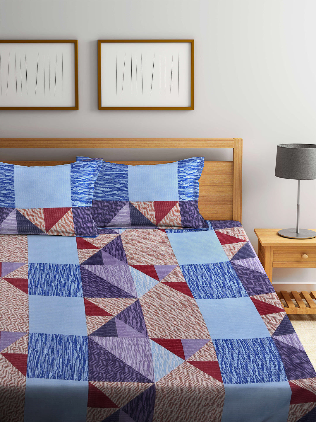 Arrabi Multi Geometric TC Cotton Blend King Size Bookfold Bedsheet with 2 Pillow Covers (250 X 220 cm)