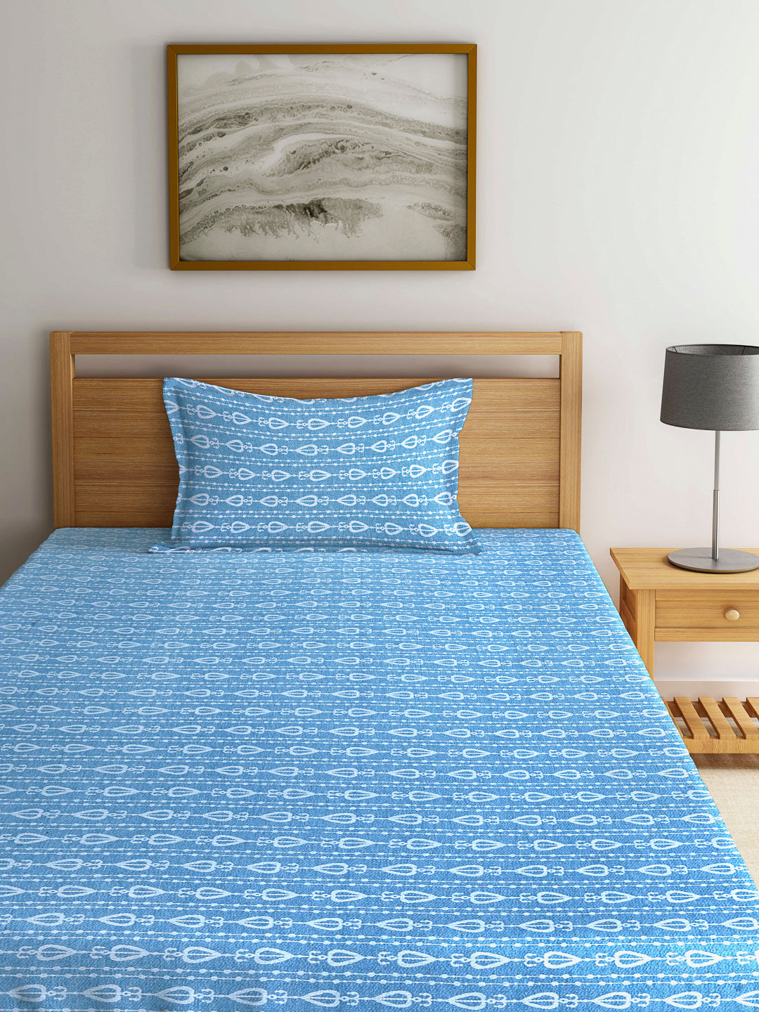 Arrabi Blue Indian Handwoven Cotton Single Size Bedsheet with 1 Pillow Cover (230 x 150 cm)