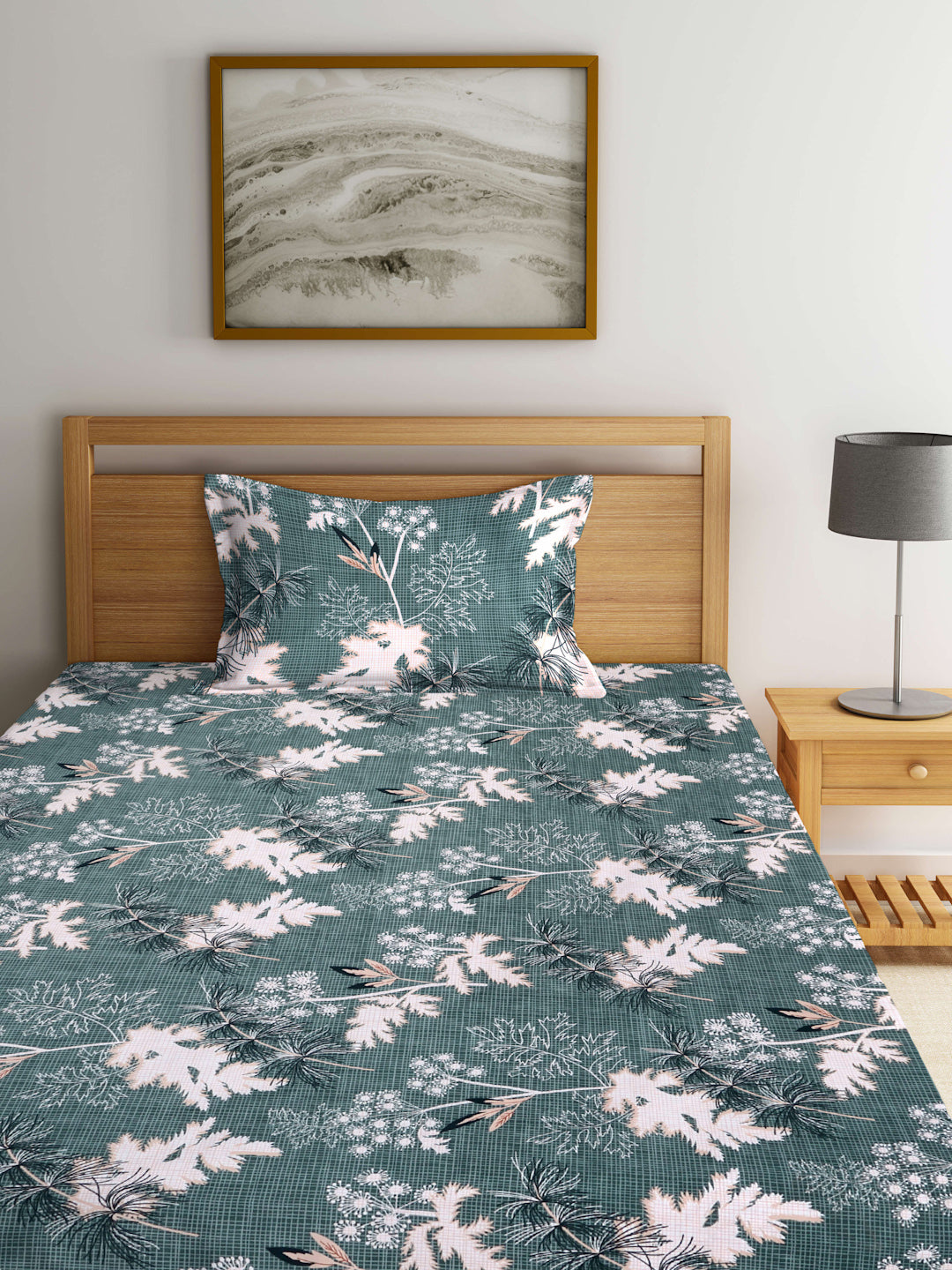 Arrabi Green Leaf TC Cotton Blend Single Size Bedsheet with 1 Pillow Cover (215 X 150 cm)