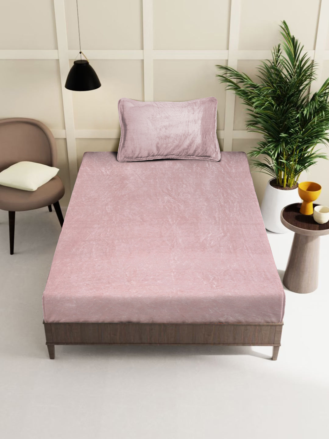 Arrabi Light Pink Solid Single Size Warm Woolen Bedsheet with 1 Pillow Cover