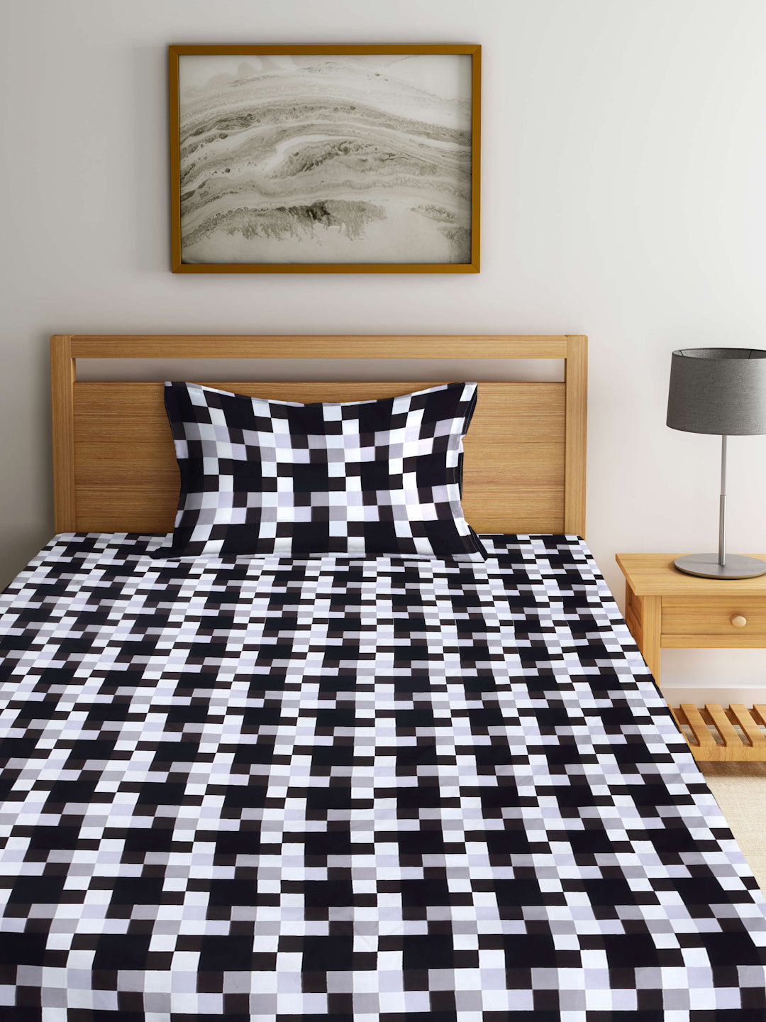 Arrabi Black Checks TC Cotton Blend Single Size Bedsheet with 1 Pillow Cover (215 X 150 cm)