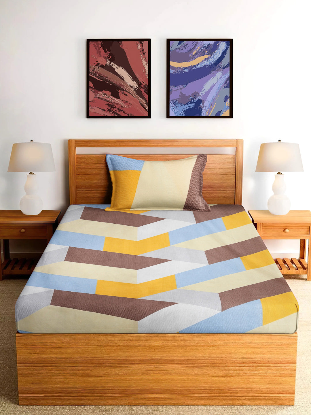 Arrabi Multi Geometric TC Cotton Blend Single Size Fitted Bedsheet with 1 Pillow Cover (215 x 150 cm)
