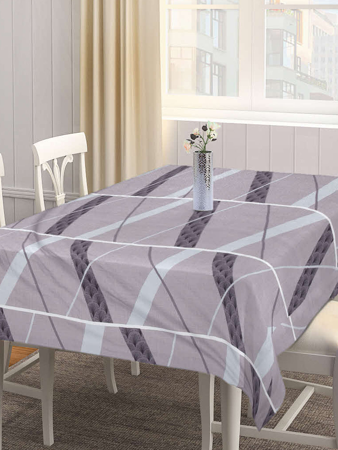 Arrabi Grey Graphic Cotton Blend 6 SEATER Table Cover (180 X 130 cm)