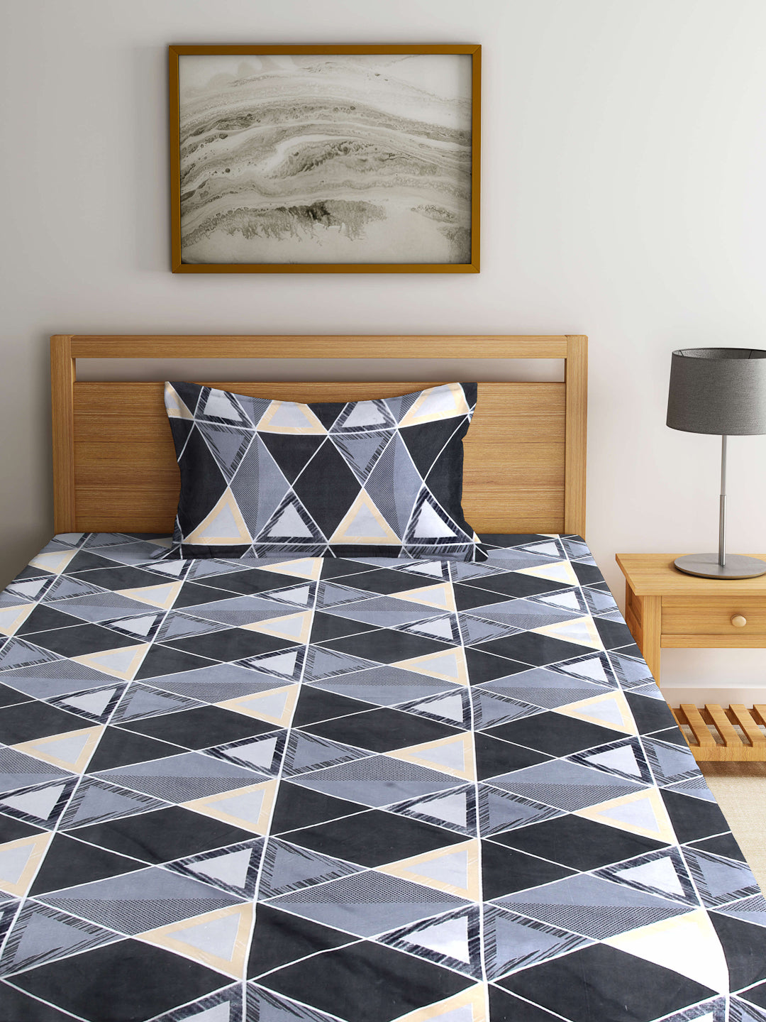 Arrabi Grey Geometric TC Cotton Blend Single Size Bedsheet with 1 Pillow Cover (215 x 150 cm)