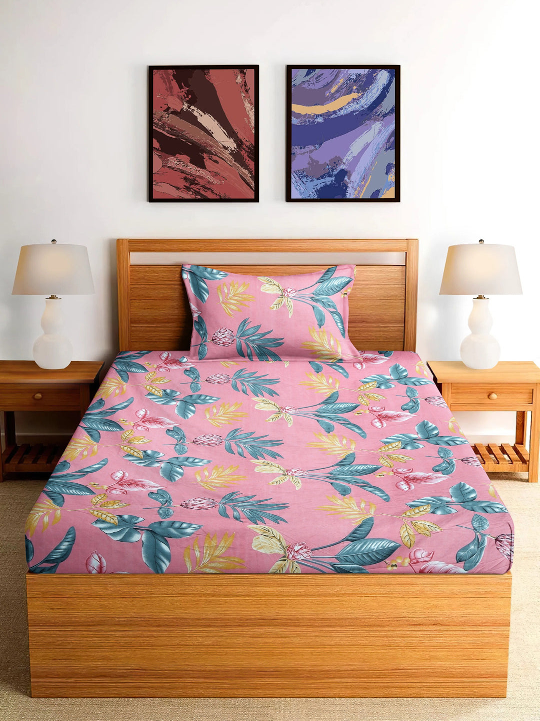 Arrabi Pink Floral TC Cotton Blend Single Size Fitted Bedsheet with 1 Pillow Cover (215 x 150 cm)