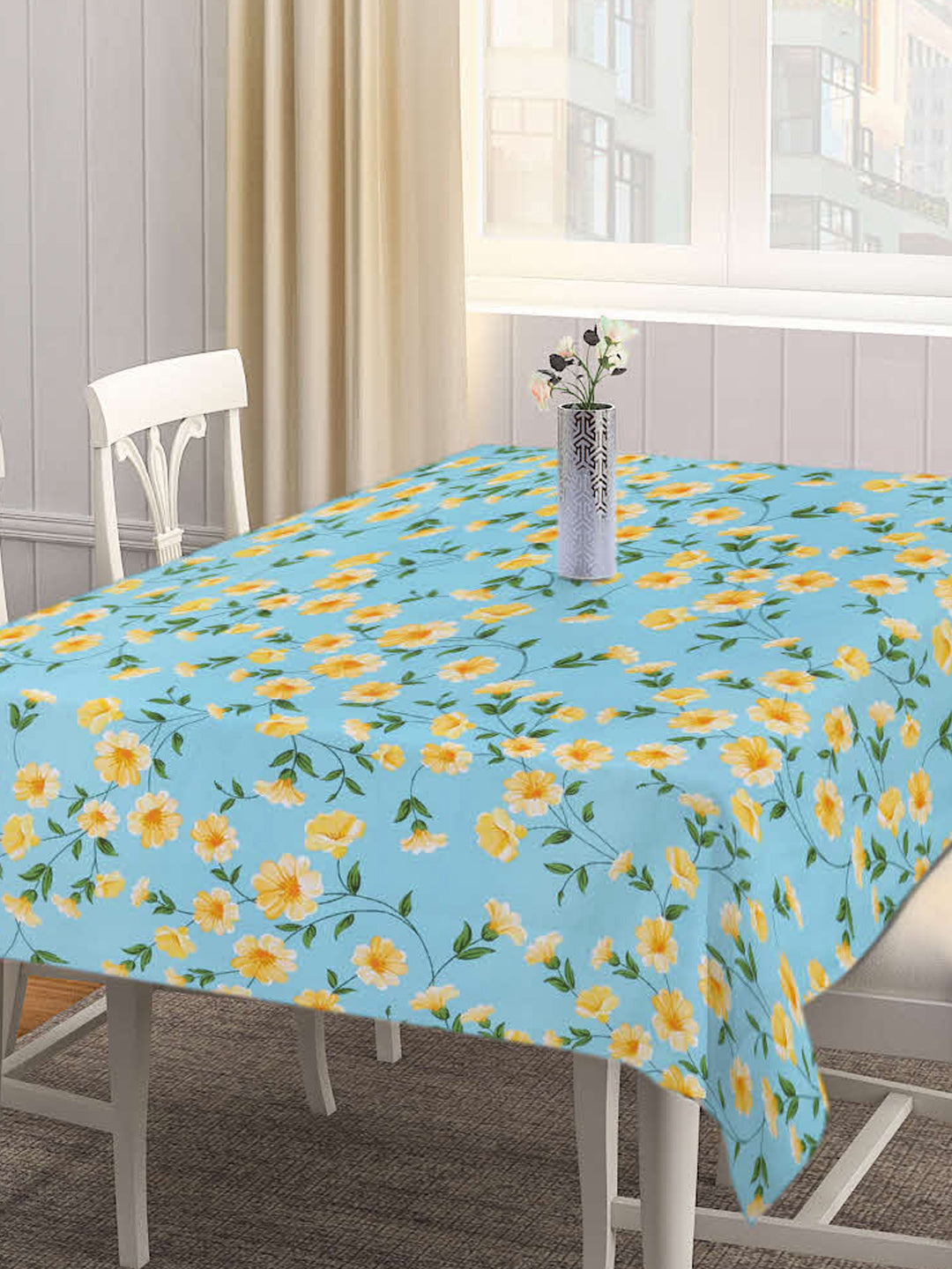 Arrabi Teal Floral Cotton Blend 6 SEATER Table Cover (180 X 130 cm)