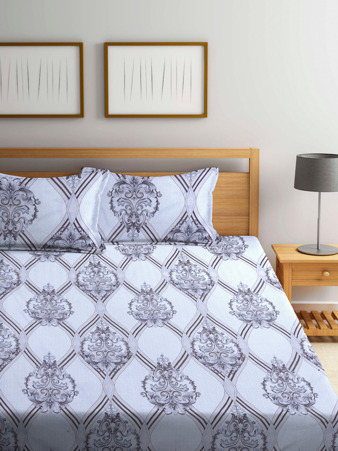Arrabi Grey Indian TC Cotton Blend King Size Bookfold Bedsheet with 2 Pillow Covers (250 X 220 cm)
