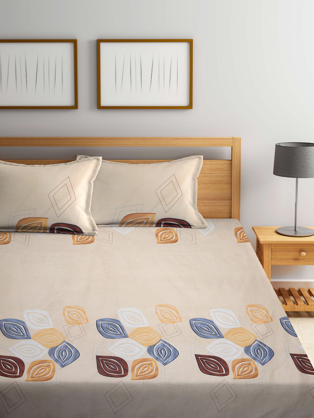 Arrabi Cream Leaf TC Cotton Blend King Size Bedsheet with 2 Pillow Covers (250 X 215 cm)